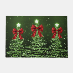 Christmas Sparkling Trees Green Faux Red Bow Doormat