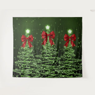 Christmas Sparkling Trees Green Faux Red Bow Tapestry
