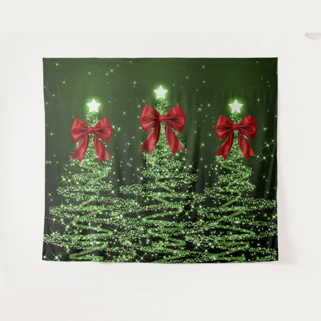 Christmas Sparkling Trees Green Faux Red Bow  Tapestry (Front (Horizontal))