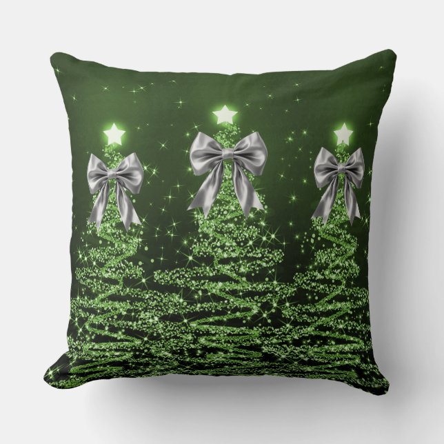 Christmas Sparkling Trees Green Faux Silver Bow  Cushion (Front)