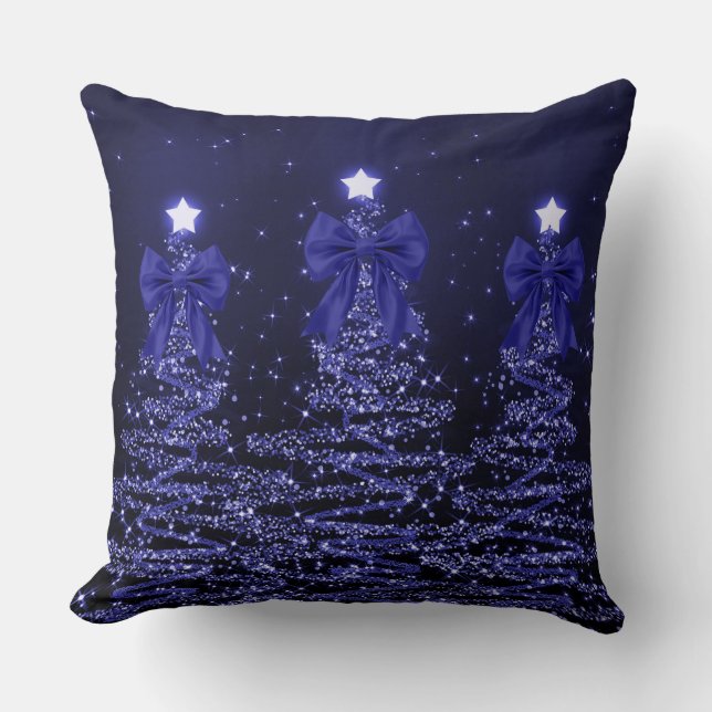Christmas Sparkling Trees Navy Blue Faux Bow  Cushion (Front)