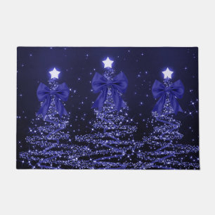 Christmas Sparkling Trees Navy Blue Faux Bow Doormat