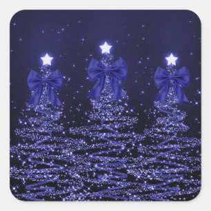 Christmas Sparkling Trees Navy Blue Faux Bow  Square Sticker