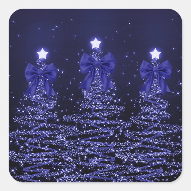 Christmas Sparkling Trees Navy Blue Faux Bow  Square Sticker (Front)