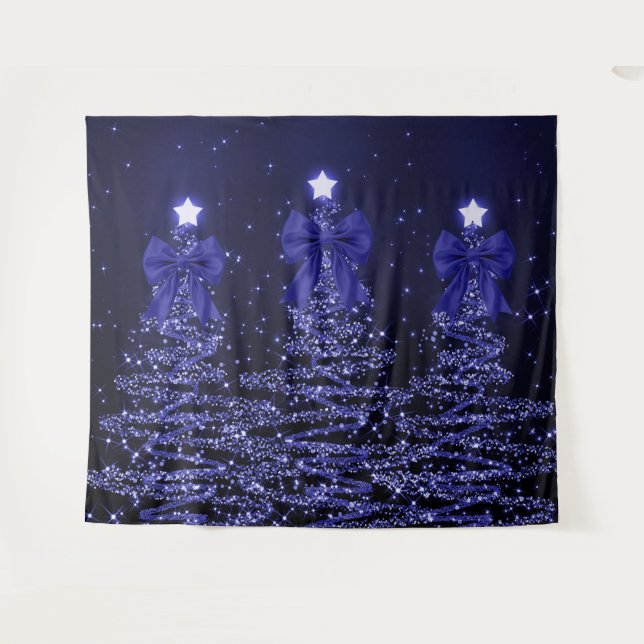 Christmas Sparkling Trees Navy Blue Faux Bow  Tapestry (Front (Horizontal))