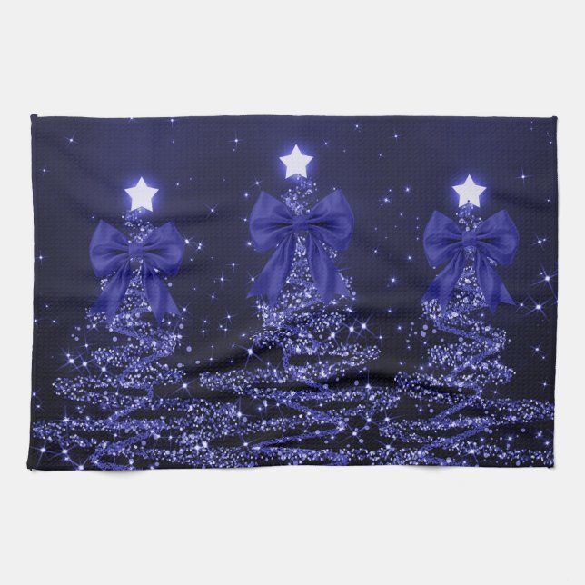 Christmas Sparkling Trees Navy Blue Faux Bow  Tea Towel (Horizontal)