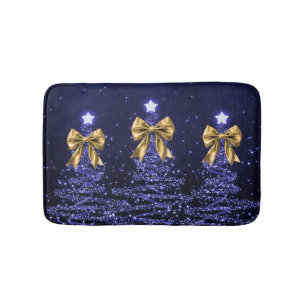 Christmas Sparkling Trees Navy Blue Faux Gold Bow  Bath Mat