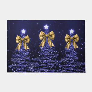 Christmas Sparkling Trees Navy Blue Faux Gold Bow Doormat