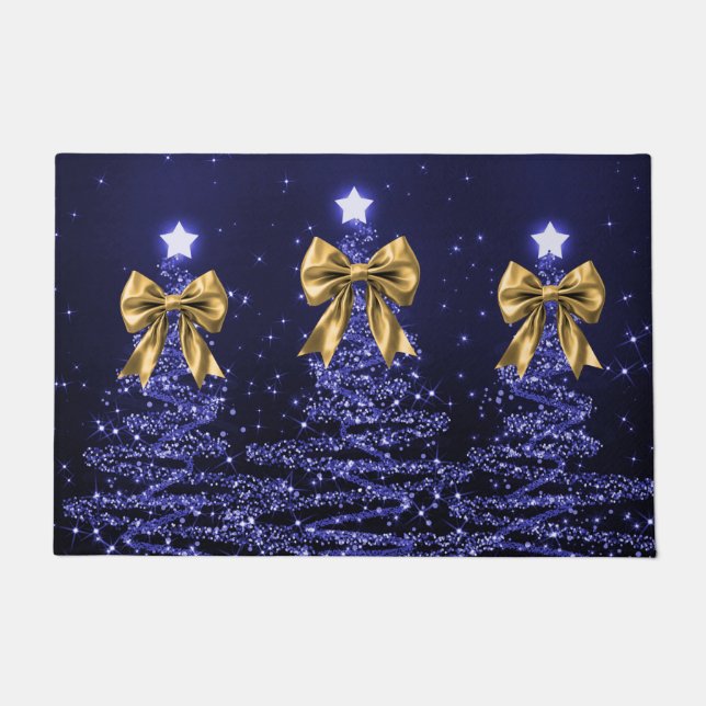Christmas Sparkling Trees Navy Blue Faux Gold Bow  Doormat (Front)