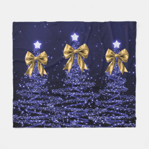 Christmas Sparkling Trees Navy Blue Faux Gold Bow  Fleece Blanket