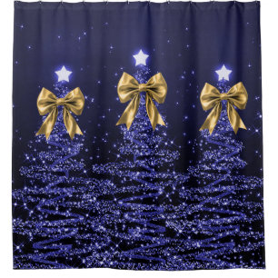 Christmas Sparkling Trees Navy Blue Faux Gold Bow  Shower Curtain