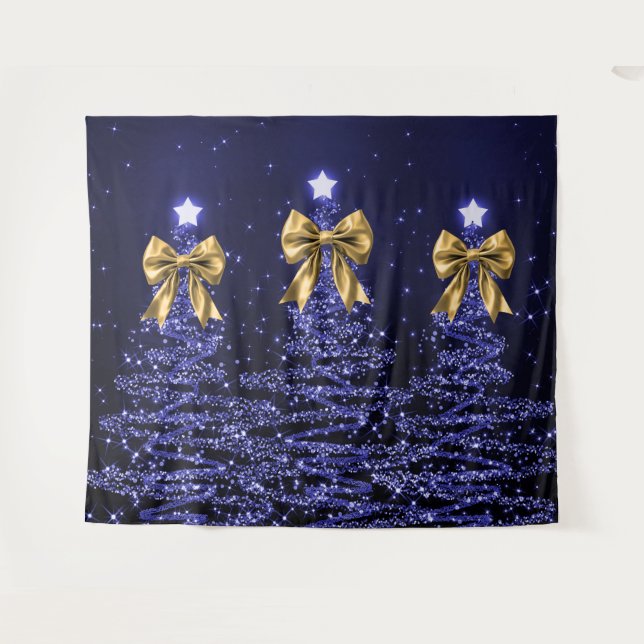 Christmas Sparkling Trees Navy Blue Faux Gold Bow  Tapestry (Front (Horizontal))