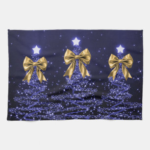 Christmas Sparkling Trees Navy Blue Faux Gold Bow  Tea Towel