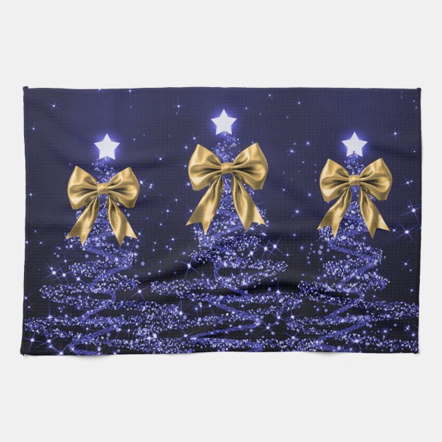 Christmas Sparkling Trees Navy Blue Faux Gold Bow  Tea Towel (Horizontal)
