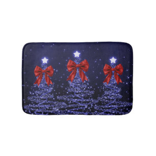 Christmas Sparkling Trees Navy Blue Faux Red Bow  Bath Mat