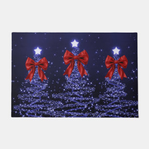 Christmas Sparkling Trees Navy Blue Faux Red Bow Doormat