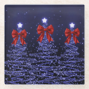 Christmas Sparkling Trees Navy Blue Faux Red Bow Glass Coaster