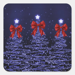 Christmas Sparkling Trees Navy Blue Faux Red Bow  Square Sticker