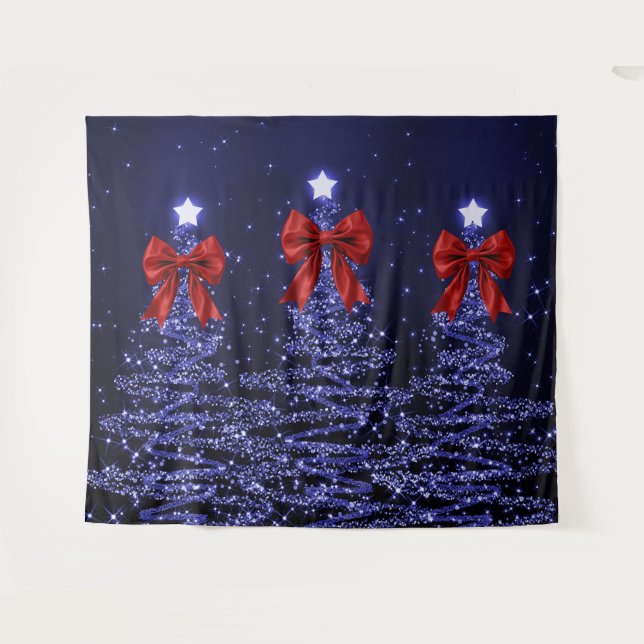 Christmas Sparkling Trees Navy Blue Faux Red Bow  Tapestry (Front (Horizontal))