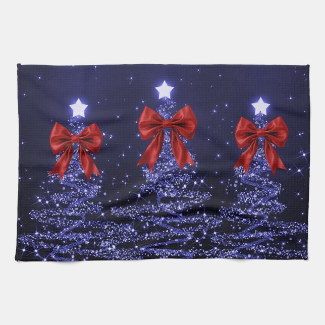 Christmas Sparkling Trees Navy Blue Faux Red Bow  Tea Towel (Horizontal)