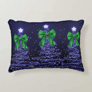 Christmas Sparkling Trees Navy Blue Green Bow  Decorative Cushion