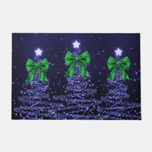 Christmas Sparkling Trees Navy Blue Green Bow Doormat