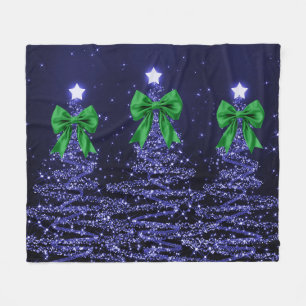 Christmas Sparkling Trees Navy Blue Green Bow Fleece Blanket