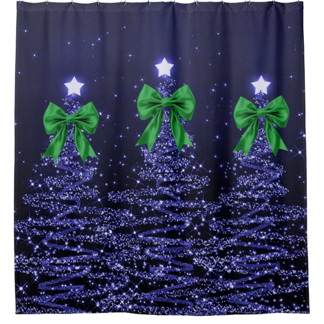Christmas Sparkling Trees Navy Blue Green Bow  Shower Curtain (Front)