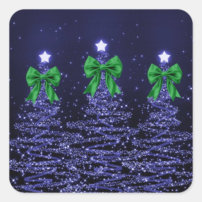 Christmas Sparkling Trees Navy Blue Green Bow  Square Sticker (Front)