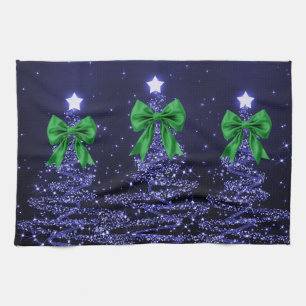 Christmas Sparkling Trees Navy Blue Green Bow Tea Towel