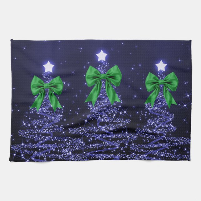 Christmas Sparkling Trees Navy Blue Green Bow  Tea Towel (Horizontal)