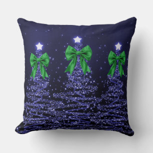 Christmas Sparkling Trees Navy Faux Green Bow  Cushion