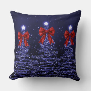 Christmas Sparkling Trees Navy Faux Red Bow Cushion