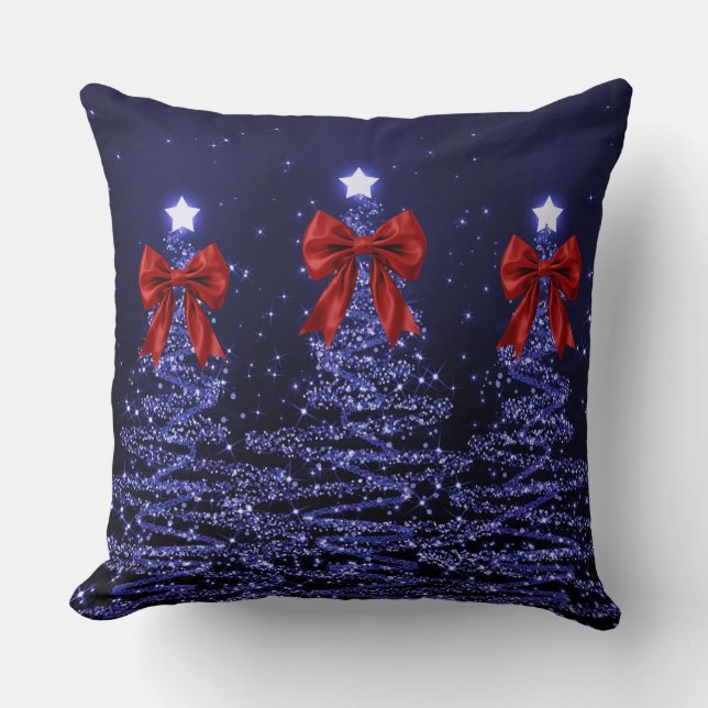 Christmas Sparkling Trees Navy Faux Red Bow  Cushion (Front)