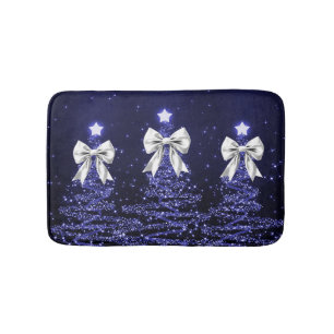 Christmas Sparkling Trees Navy Faux Silver Bow Bath Mat