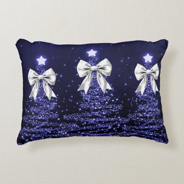 Christmas Sparkling Trees Navy Faux Silver Bow  Decorative Cushion (Front)