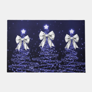 Christmas Sparkling Trees Navy Faux Silver Bow Doormat
