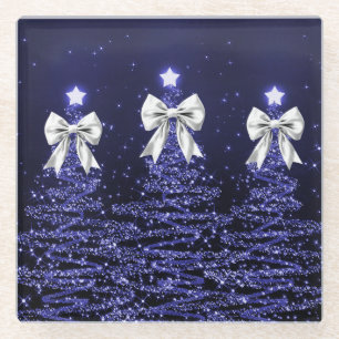 Christmas Sparkling Trees Navy Faux Silver Bow  Glass Coaster