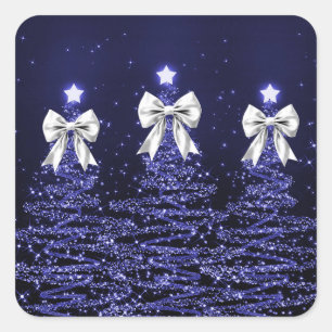 Christmas Sparkling Trees Navy Faux Silver Bow Square Sticker