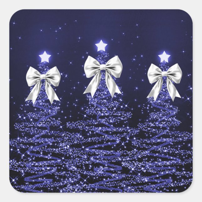 Christmas Sparkling Trees Navy Faux Silver Bow  Square Sticker (Front)