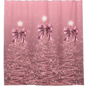 Christmas Sparkling Trees Pink Blush Faux Bow  Shower Curtain