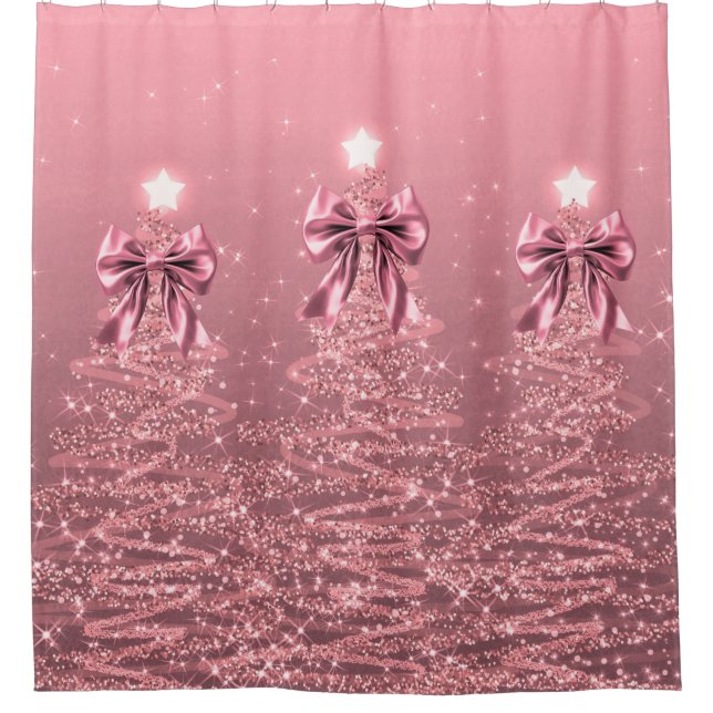Christmas Sparkling Trees Pink Blush Faux Bow  Shower Curtain (Front)