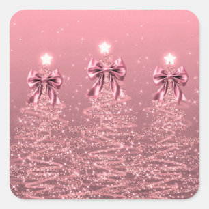 Christmas Sparkling Trees Pink Blush Faux Bow  Square Sticker