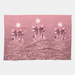 Christmas Sparkling Trees Pink Blush Faux Bow Tea Towel