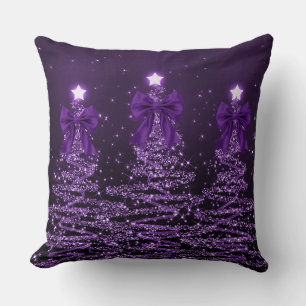 Christmas Sparkling Trees Purple Faux Bow  Cushion