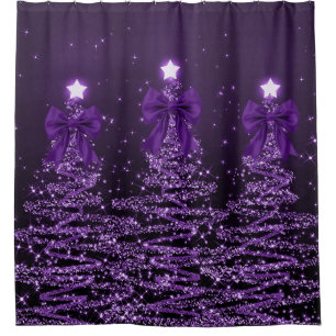 Christmas Sparkling Trees Purple Faux Bow  Shower Curtain
