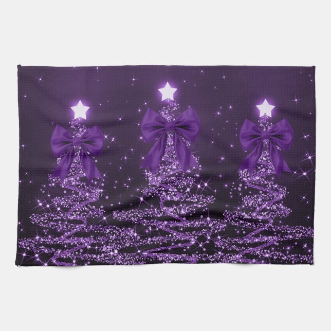 Christmas Sparkling Trees Purple Faux Bow  Tea Towel (Horizontal)