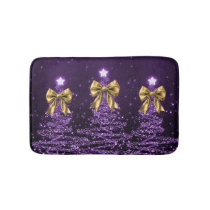 Christmas Sparkling Trees Purple Faux Gold Bow Bath Mat