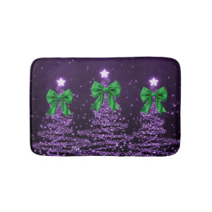 Christmas Sparkling Trees Purple Faux Green Bow Bath Mat
