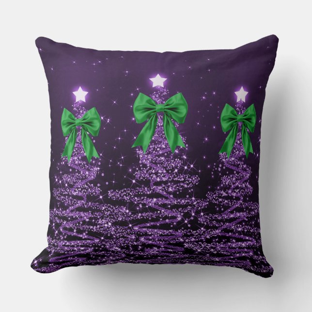 Christmas Sparkling Trees Purple Faux Green Bow  Cushion (Front)